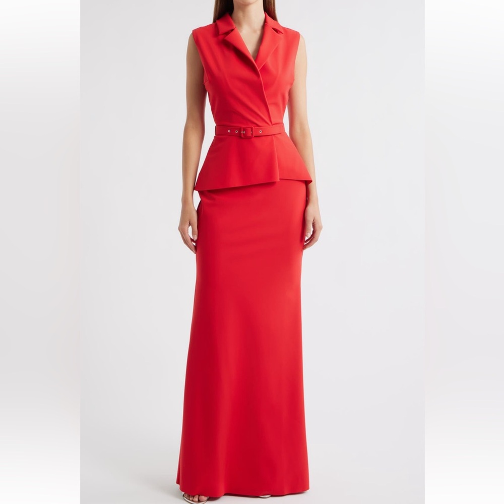 Chiara Boni Thadira Dress Belted Sleeveless Maxi Column Gown in Passion Red
